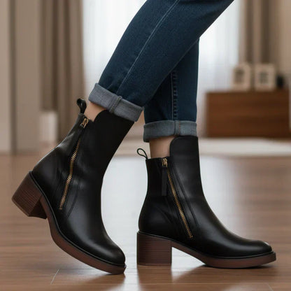 Valorine™ | Bota de piel negra con tacón cómodo, elegante y atemporal